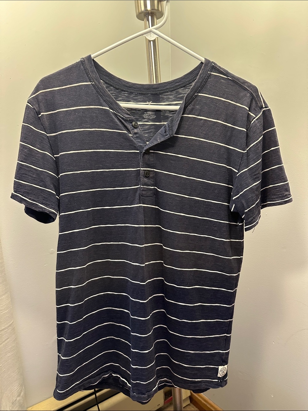 American Eagle Outfitters Navy and White Striped Short-Sleeve Henley